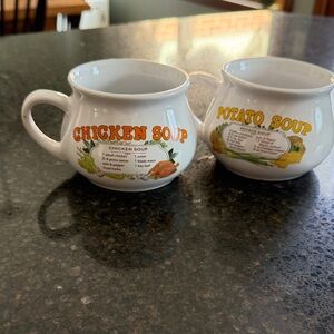 1980s Vintage White Soup Mugs with recipe Set